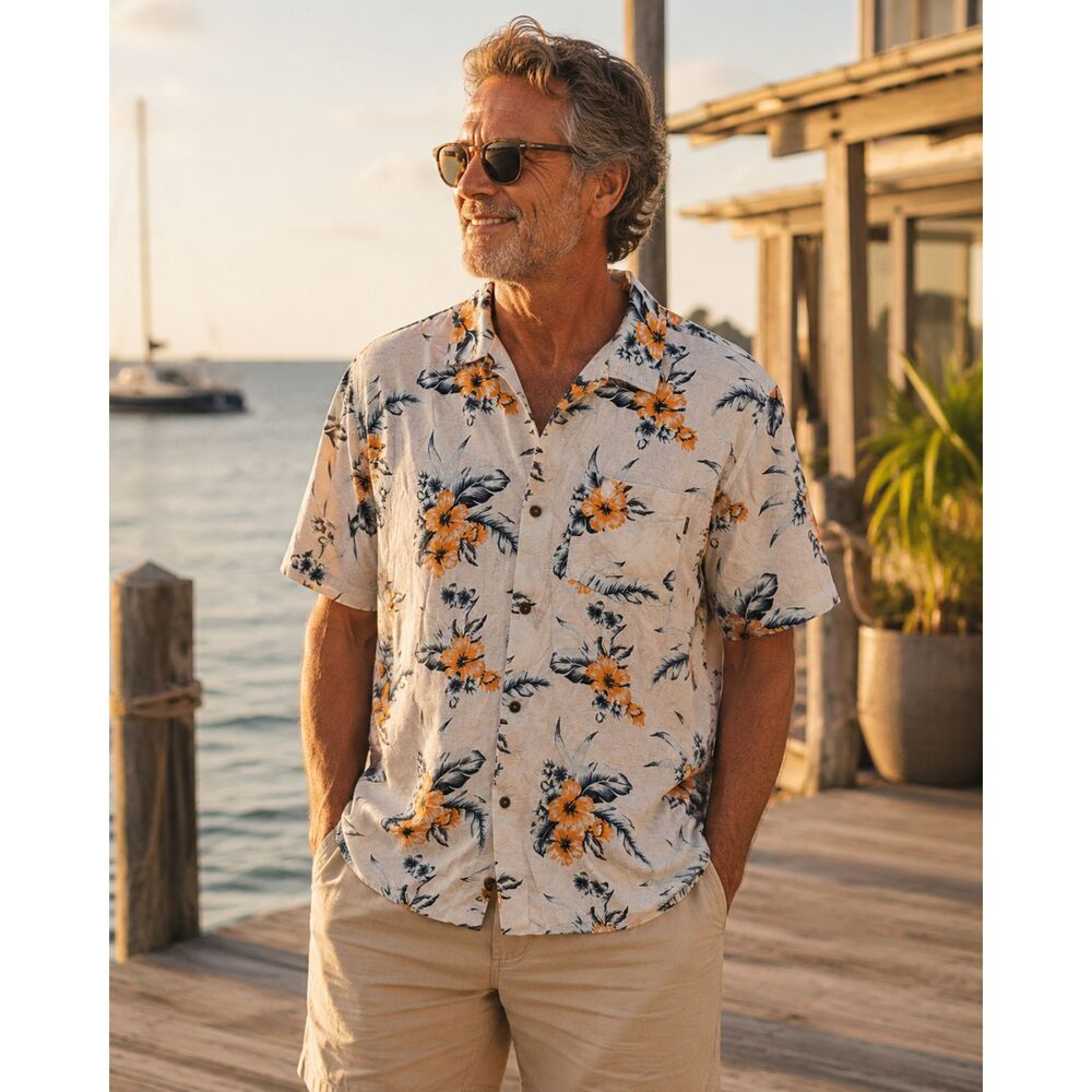 Dockers Cream Hawaiian Floral Shirt Orange Navy Tropical Button Down Small